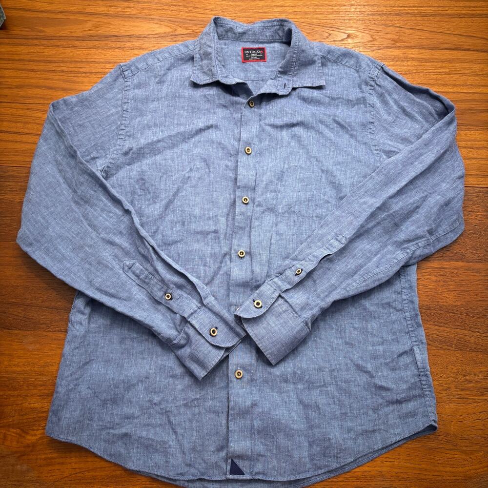 Untuckit Men's Ravines 100% Linen Blue button down long sleeve shirt size Large